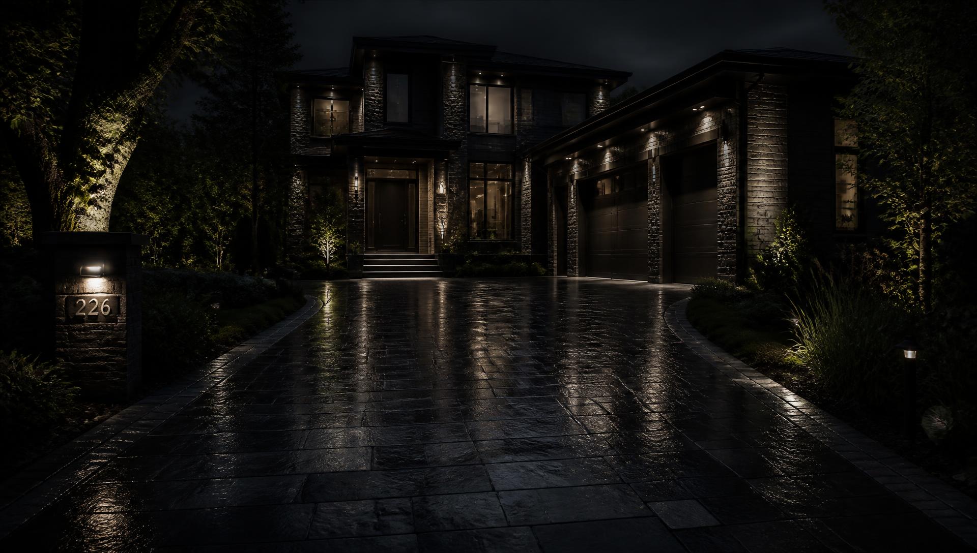 Paver driveway of a luxury home at night